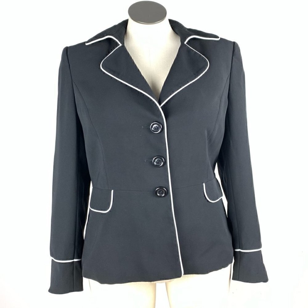 Tahari Womens blazer size 16 black white piping 3 button career Jacket